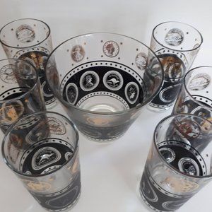Vintage Libbey Black Textured Gold Coin Design High Ball Glasses & Ice Bucket